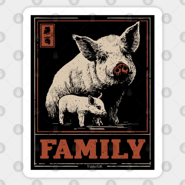 Pig Family - Japanese Woodblock Print Sticker by TuncGK